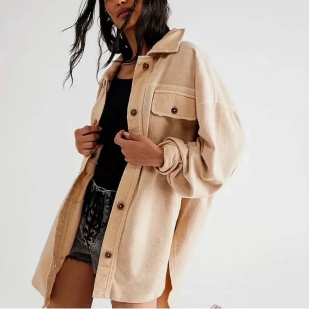 Free People Tan Peach Ruby Utility Shacket Size Medium Oversided Patch Elbows - Picture 1 of 6